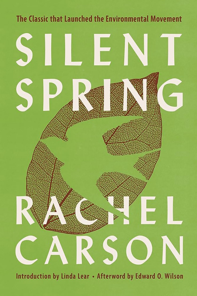 Book cover for Silent Spring by Rachel Carson featuring a silhouette of a bird cut out of a leaf