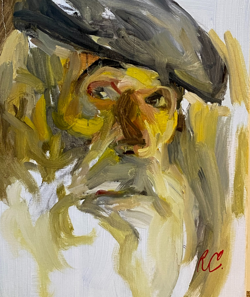An expressive oil painting of an elderly man with a large white beard and mustache, wearing a dark beret. The brushstrokes are bold and impressionistic, and the artists initials RC appear at the bottom right.