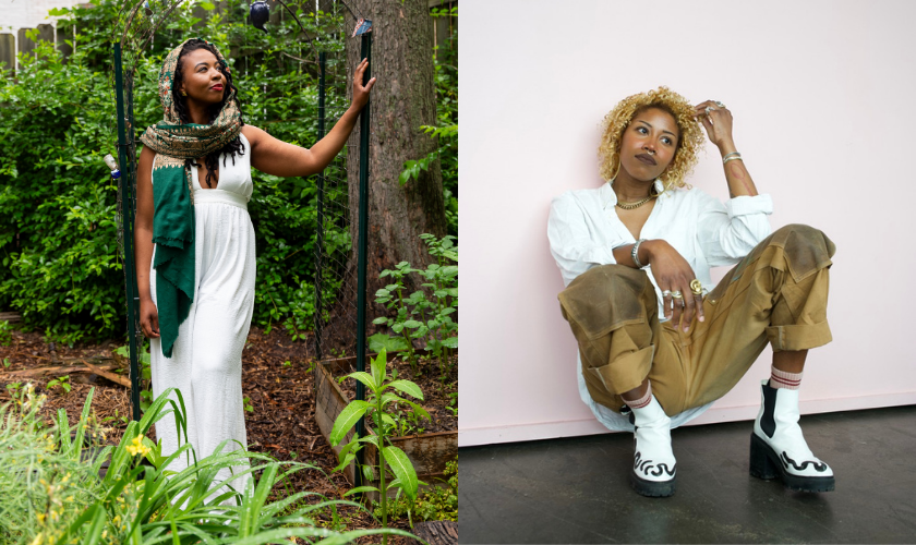 Side-by-side photos: Left, a woman in a white dress and shawl stands outdoors among green plants. Right, a woman in casual clothes and boots sits indoors against a pink wall, looking relaxed.