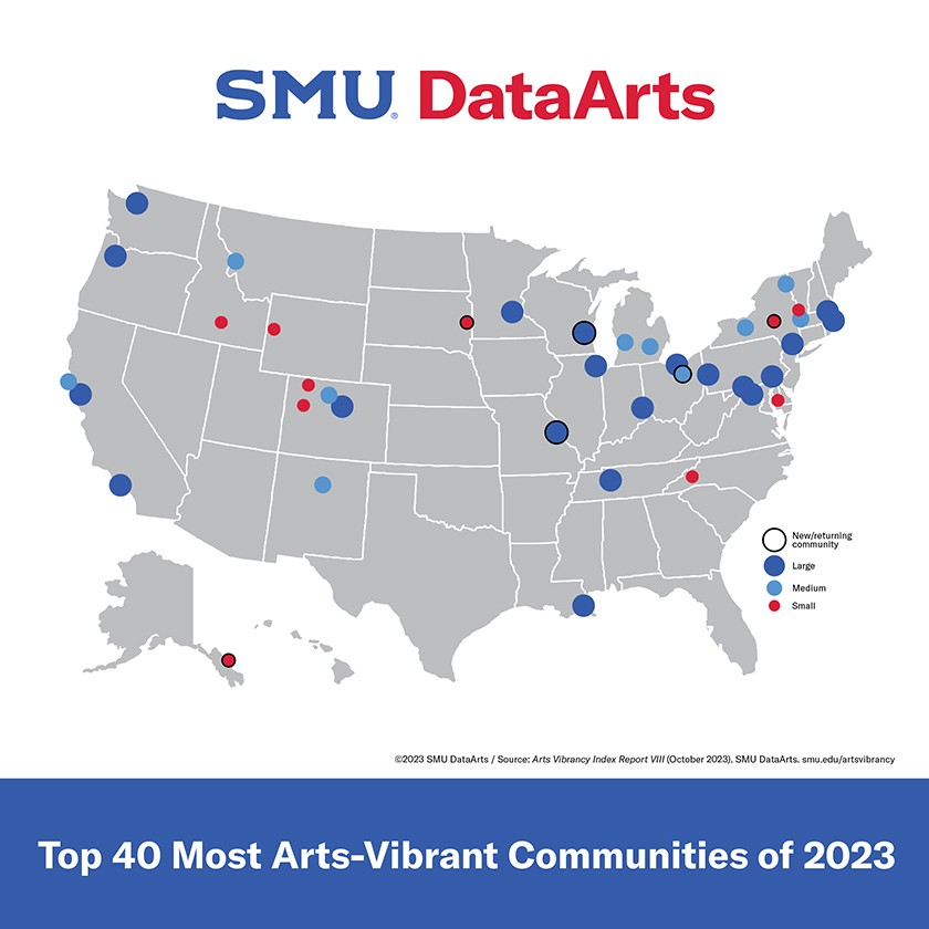 SMU DataArts. Map of the United States with dots placed on the locations of the Top 40 Most Arts-Vibrant Communities of 2023 including Pittsburgh