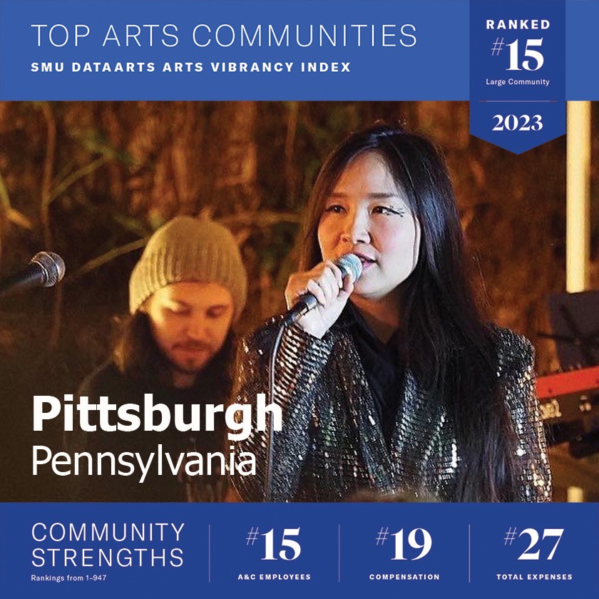 Women singing into a mic. Top Arts Communities. SMU DataArts Arts Vibrancy Index. Pittsburgh, Pennsylvania, ranked #15, Large Community, 2023. Community Strengths: #15 A&C employees, #19 Compensation, #27 total expenses