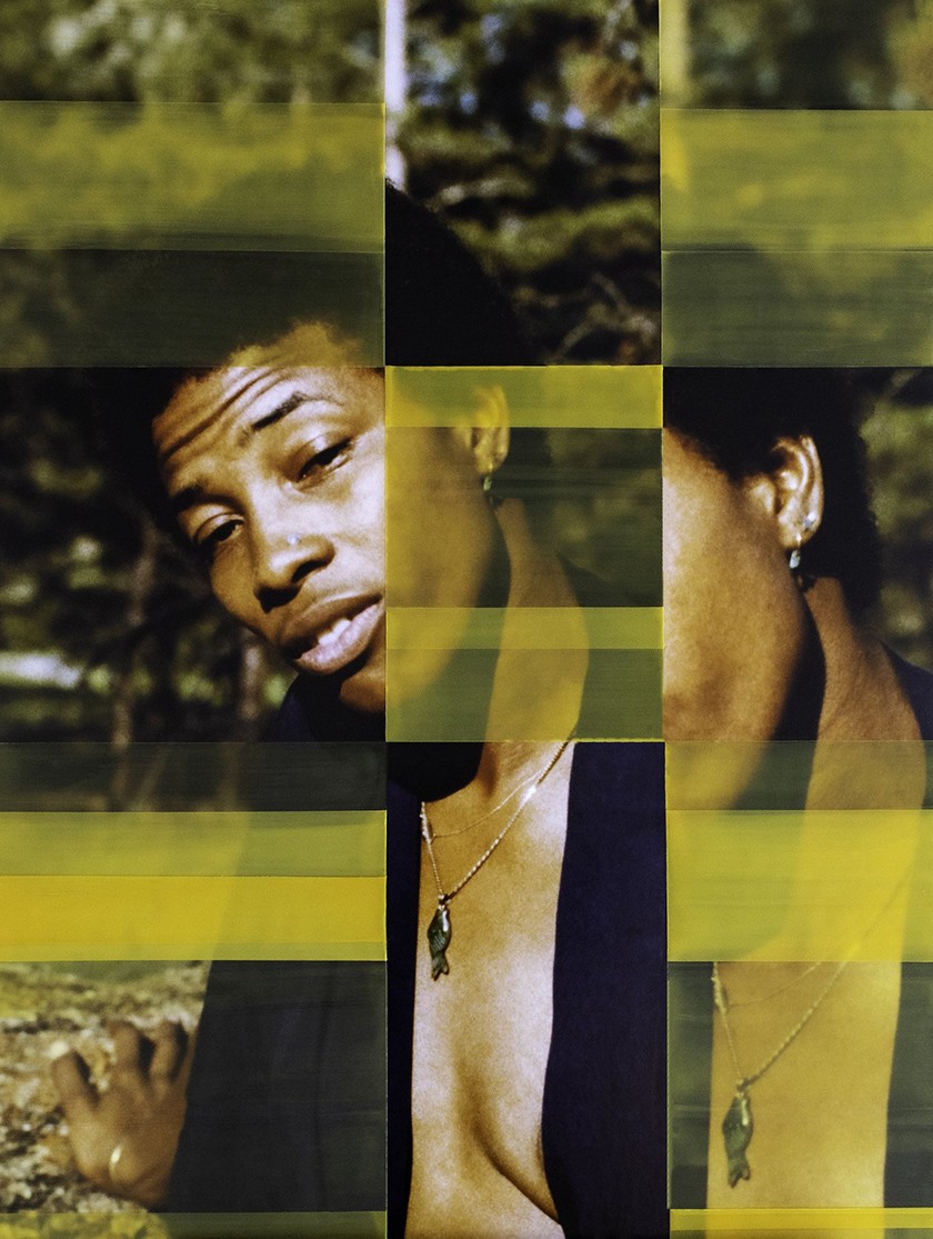 Artistic photo collage of a Black person posed outside with the image broken up into sections and streaked with gold bars