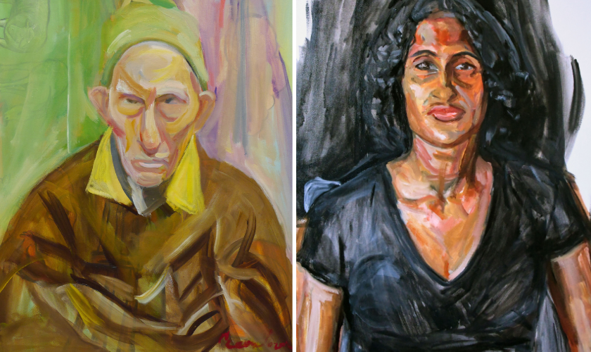 Two painted portraits: on the left, an older person with a green hat and yellow-collared coat; on the right, a woman with dark curly hair wearing a black top against a dark background.