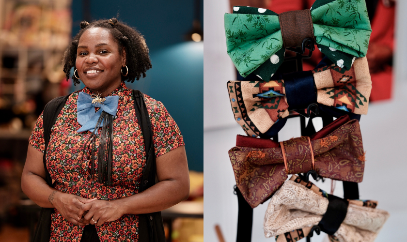 A photo of a smiling woman in a floral shirt and blue bow tie beside a photo of a display of colorful and patterned bow ties on a stand.