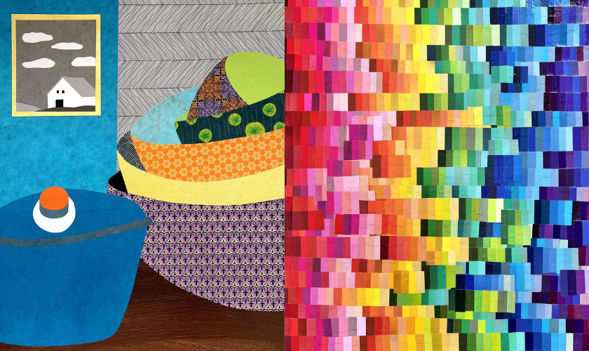 A colorful abstract collage: the left side shows layered geometric shapes and a house picture on a blue wall, while the right side features a vibrant mosaic of small, multicolored rectangles.