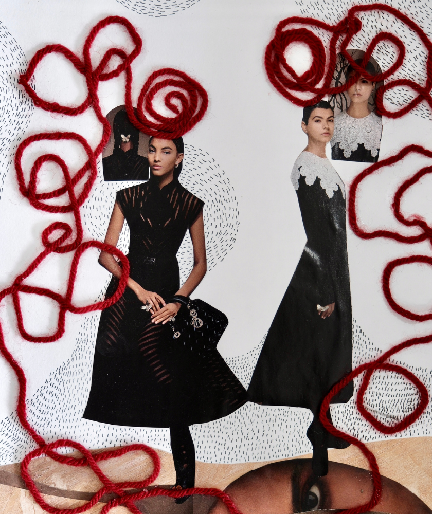 A collage featuring women in black dresses with lace details, set against a white background with black dash patterns. Red yarn spirals and loops are laid across the image, adding a layered, abstract effect.