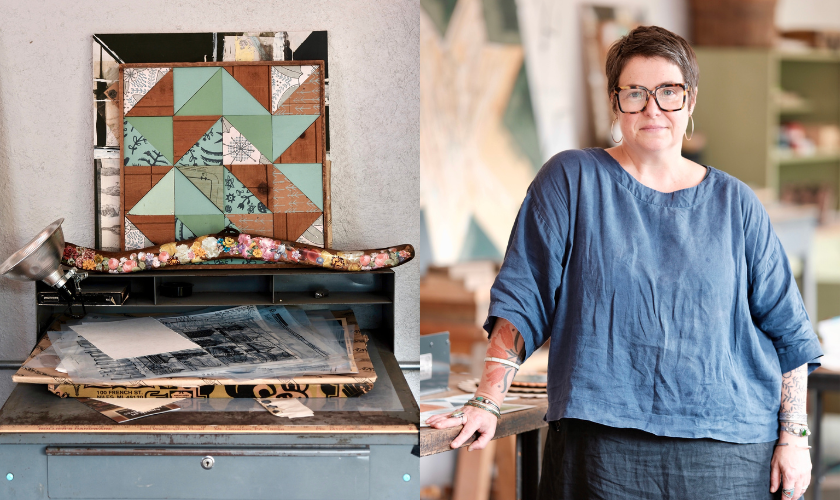 A photo of a woman wearing glasses and a blue shirt stands in an art studio beside a photo of a tabletop with quilted artwork, papers, and a metal drawer filled with colorful objects. The background includes shelves and art supplies.
