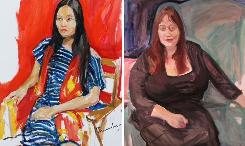 Two painted portraits of women sitting. The left shows a woman with long dark hair in a blue dress and red background; the right shows a woman with brown hair in a black dress against a muted background.