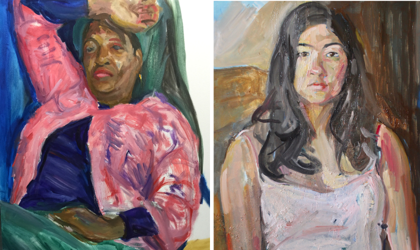 Two expressive oil portraits: on the left, a person with dark skin reclines with an arm on their forehead, wearing a pink jacket; on the right, a person with light skin and long dark hair gazes forward in a light tank top.