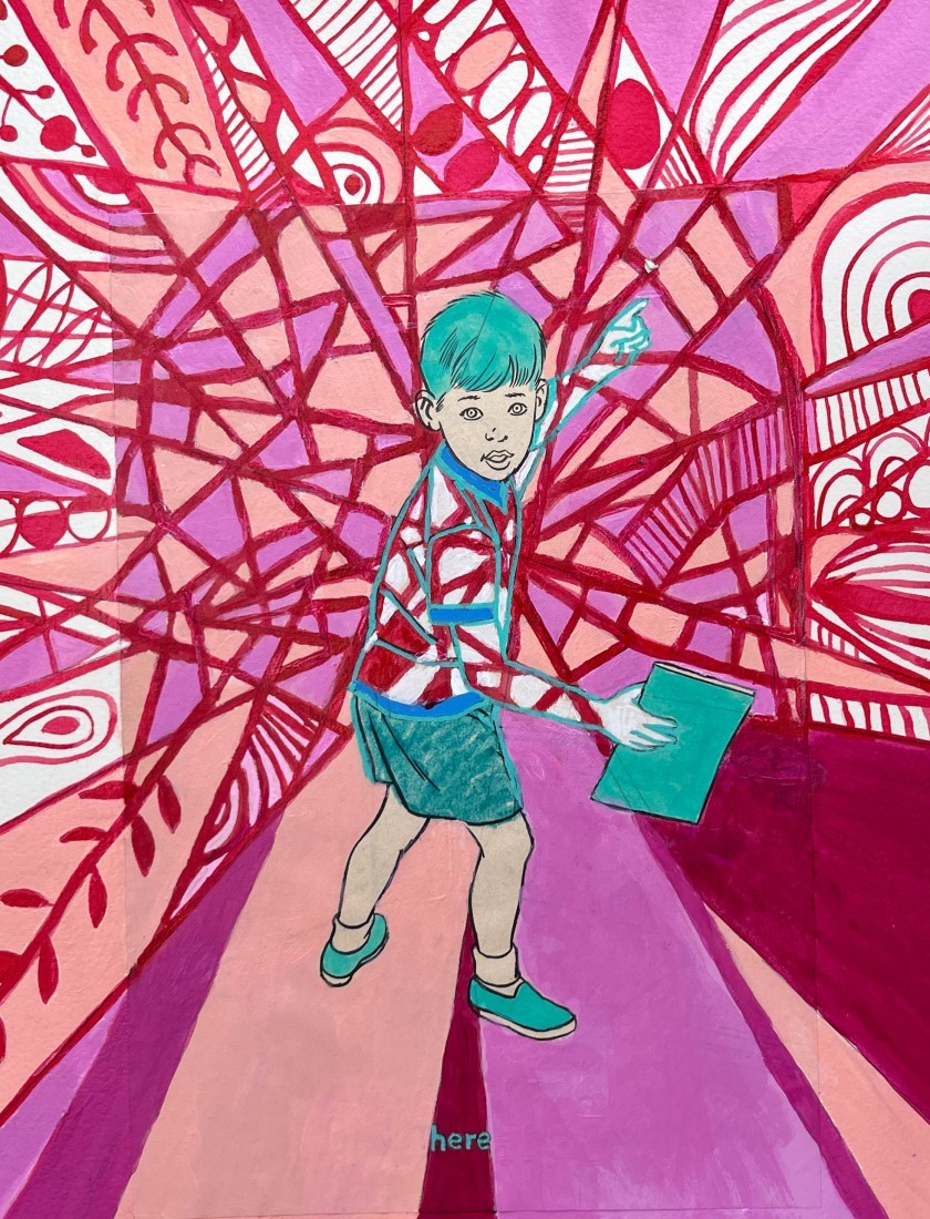 An illustration of a child in blue-green tones holds a book and gestures forward. He stands amid bold, red and pink abstract lines and patterns radiating outward, creating a dynamic, energetic background.