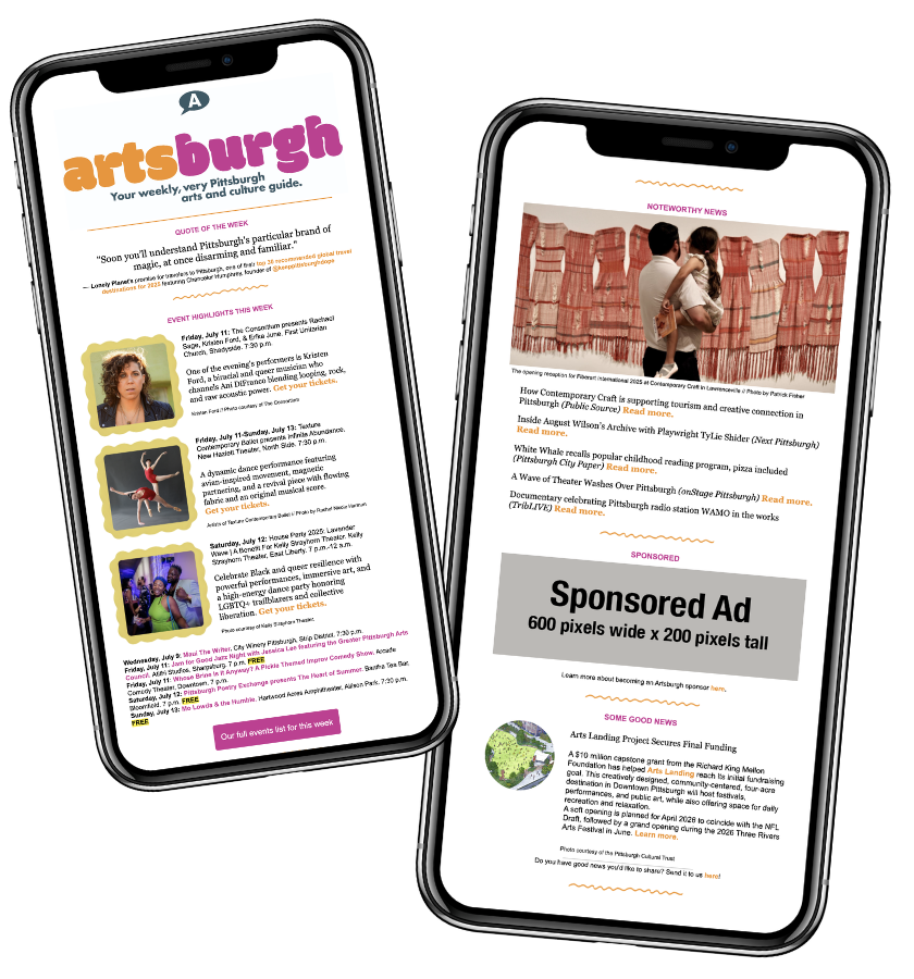 Artsburgh newsletter shown on a smart phone