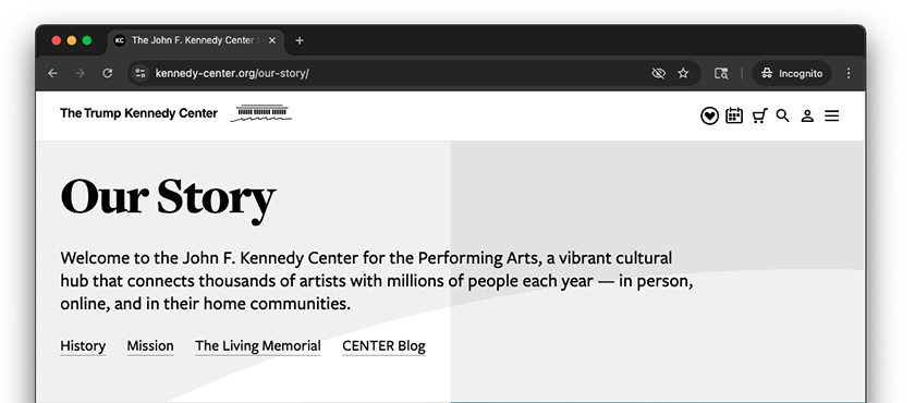 Screenshot of the website for the John F. Kennedy Center for the Performing Arts which shows a new logo on the masthed reading The Trump Kennedy Center