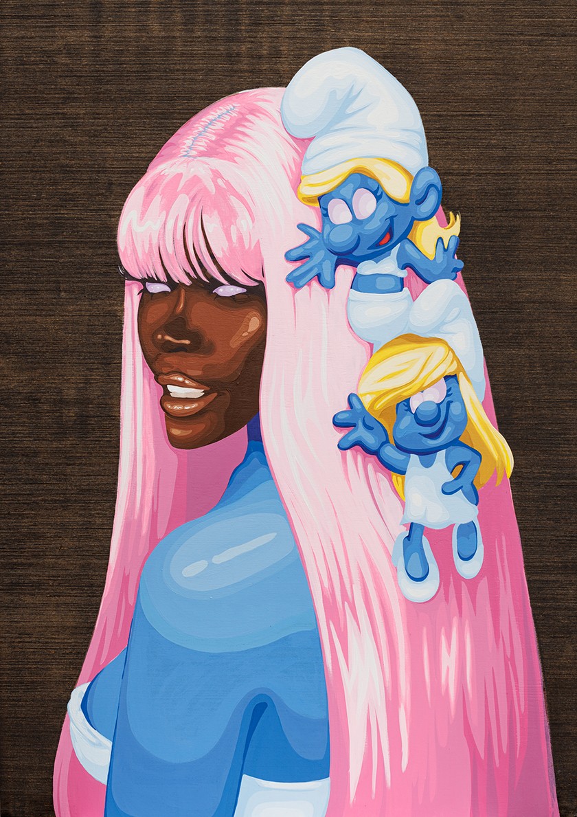 Painting of a Black barbie doll with long, straight pink hair, blue skin, and a white low-cut top. Two smurfette characters are attached to her hair. Both the Barbie and the two Smurfettes are painted without eyes.