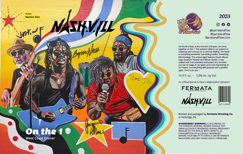 An illustrated beer label featuring portraits of four musicians