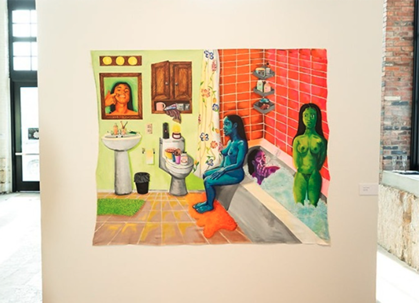 A colorful painting hangs on a gallery wall, depicting a surreal bathroom scene with blue, purple and green-skinned women—one sitting on the edge of the bath tub, the others in a bathtub—surrounded by bright furnishings and vivid red tiles.