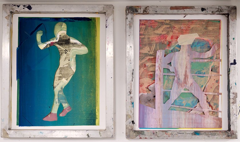 Two screens used in printmaking frame inky, abstract silhouettes of human figures. The left shows a figure in a dynamic pose with layered textures and colors, while the right features a similar figure with softer, more muted tones and a partial background.
