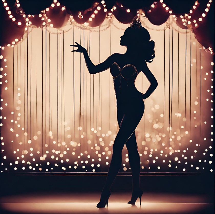 Silhouette of a dancer in high heels poses in front of a stage curtain
