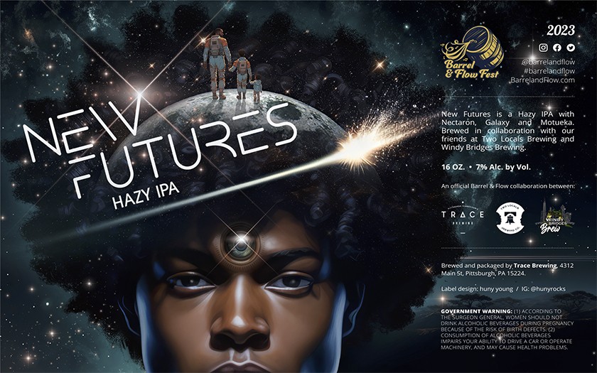 An illustrated beer label featuring a photorealistic image of a space theme featuring a Black person with a third robotic eye, and a family of Black astronauts